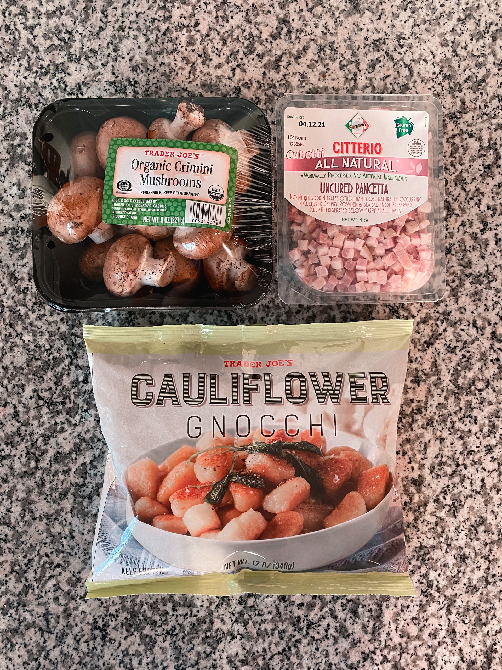 cauliflower gnocchi with mushrooms and pancetta 3-ingredient trader joe's meal
